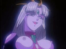 1990s_(style) 1995 animated animated_gif breasts breasts_out colored_skin dragon_pink fangs gem_on_head lamia large_breasts monster_girl nipple_stimulation nipples nymphomania_the_slave_queen purple_hair purple_skin retro_artstyle revealing_clothes snake_girl yellow_eyes