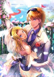 Rule 34 | 1boy, 1girl, alternate costume, bare shoulders, bibico, bibico (artist), blonde hair, blue eyes, blurry, boutonniere, bridal veil, character name, corsage, couple, dancing, depth of field, dress, eyebrows, eyelashes, eyewear on head, ezreal, feathers, flag, flower, glasses, goggles, goggles on head, head tilt, hetero, highres, holding hands, league of legends, long hair, looking at viewer, looking back, lux (league of legends), necktie, ocean, open mouth, pink flower, pink rose, red flower, red rose, rose, short hair, signature, skirt hold, smile, sunglasses, tuxedo, veil, wedding dress