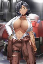 Rule 34 | 1girl, arm tattoo, armored core, armored core 6, black hair, breasts, brown jumpsuit, center opening, cinder carla, cleavage, dark skin, glasses, highres, huge breasts, jumpsuit, jumpsuit around waist, looking at viewer, mecha, medium hair, navel, open clothes, open shirt, robot, saizu nitou gunsou, shirt, sleeves rolled up, solo, standing, tattoo, tied jumpsuit, white shirt, yellow eyes