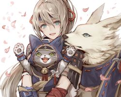 Rule 34 | 1girl, animal hood, armor, blush, breasts, canyne, cat, cat hood, dog, fangs, felyne, gloves, glowing mouth, hair between eyes, headband, hood, japanese clothes, kamura (armor), long hair, looking at viewer, monster hunter (series), monster hunter rise, open mouth, ponytail, senano-yu, simple background, smile, sword, sword behind back, thighhighs, weapon, white hair