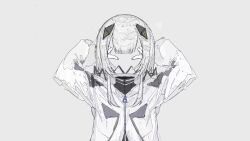 Rule 34 | 1girl, arms behind head, arms up, cevio, commentary request, diamond hair ornament, grey background, grey theme, hair over shoulder, high collar, highres, hood, hood down, hooded jacket, invisible, jacket, kafu (cevio), kamitsubaki studio, kuu wo mitashite, limited palette, long hair, long sleeves, low twintails, puffy long sleeves, puffy sleeves, shui fou, simple background, solo, spot color, straight-on, thumbs down, twintails, upper body, white jacket, zipper pull tab