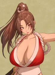 Rule 34 | 1girl, breasts, fatal fury, highres, large breasts, long hair, ponytail, shiranui mai, simple background