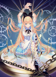 Rule 34 | 1girl, alice (alice in wonderland), alice in wonderland, apron, arms behind head, arms up, asymmetrical legwear, bdsm, black bow, black footwear, black ribbon, blanc (blanc97), blonde hair, blue dress, blue eyes, bondage, bound, bound wrists, bow, breasts, buttons, chain, closed mouth, commentary, double-breasted, dress, english commentary, frilled apron, frills, frown, gears, hair bow, highres, juliet sleeves, knees up, large breasts, long hair, long sleeves, mary janes, neck ribbon, patterned legwear, pocket watch, puffy short sleeves, puffy sleeves, reflection, ribbon, shiny footwear, shoes, short sleeves, sidelocks, solo, striped clothes, striped thighhighs, thighhighs, very long hair, waist apron, watch, wavy mouth, white apron