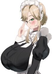 Rule 34 | 1girl, ade (nikke), adjusting eyewear, apron, black dress, blonde hair, blush, bow, bowtie, braid, breasts, closed mouth, dress, from side, glasses, goddess of victory: nikke, green eyes, highres, huge breasts, juliet sleeves, long hair, long sleeves, looking at viewer, maid, maid headdress, metoranran, puffy sleeves, sidelocks, smile, solo, upper body, white apron, white bow, white bowtie