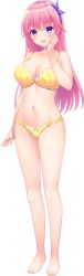 Rule 34 | 1girl, akino subaru, barefoot, blush, bra, breasts, cleavage, feet, female focus, full body, game cg, groin, hand on own cheek, hand on own face, hand up, highres, large breasts, legs, long hair, looking at viewer, official art, onii-chan chou suki 99 jikan ecchi shiyo!, open mouth, original, panties, pink hair, purple eyes, smile, solo, standing, tachi-e, thighs, toes, transparent background, tsumugi (onii-chan chou suki 99 jikan ecchi shiyo!), underwear, underwear only, yellow bra, yellow panties