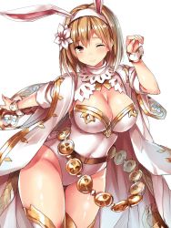 Rule 34 | 10s, 1girl, ;), alternate costume, animal ears, blonde hair, blush, breasts, collarbone, cowboy shot, djeeta (granblue fantasy), flower, granblue fantasy, hair between eyes, hair flower, hair ornament, hairband, highleg, highleg leotard, highres, impossible clothes, large breasts, leotard, light smile, lips, looking at viewer, one eye closed, outstretched arm, paw pose, rabbit ears, rabbit tail, sage (granblue fantasy), shiny skin, short hair, short sleeves, simple background, smile, solo, tail, thighhighs, thighs, tsukumiya amane, white background, white thighhighs