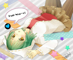 Rule 34 | 1girl, breasts, brown pantyhose, cat food (vocaloid), english text, gree hair, hatsune miku, horizontal pupils, medium breasts, palms, pantyhose, red shirt, shirt, speech bubble, striped clothes, striped pantyhose, vertical-striped clothes, vertical-striped pantyhose, vocaloid, yunare