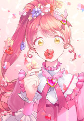Rule 34 | 1girl, brooch, commentary, flower, flower in mouth, flower request, gem, hair flower, hair ornament, heart, heart bow, heart brooch, heart hair ornament, high ponytail, highres, holding, holding flower, idol, kani aruki (bucket crawl), long hair, looking at viewer, petals, pretty series, pripara, puffy short sleeves, puffy sleeves, red hair, shiratama mikan, short sleeves, solo, upper body, wing hair ornament, wrist cuffs, yellow eyes