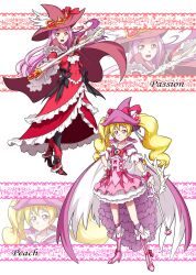 Rule 34 | 2girls, :d, absurdres, adapted costume, alternate costume, black pantyhose, blonde hair, boots, cape, character name, commentary request, cure passion, cure peach, dress, earrings, eyelashes, fresh precure!, frilled dress, frills, hair ornament, happy, hat, higashi setsuna, high heel boots, high heels, highres, jewelry, large hat, long hair, looking at viewer, magical girl, mahou girls precure!, matatabi (karukan222), momozono love, multiple girls, open mouth, pantyhose, pink cape, pink dress, pink eyes, pink hair, precure, puffy short sleeves, puffy sleeves, red cape, red dress, short sleeves, smile, twintails, wand, witch, witch hat, wrist cuffs
