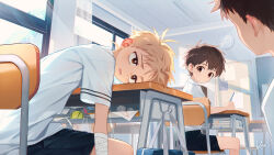 Rule 34 | 3boys, bag, ball, bandaged arm, bandages, black shorts, blonde hair, book, brown eyes, brown hair, chair, classroom, clock, closed mouth, crumpled paper, desk, earphones, earphones removed, highres, indoors, koe (mixpi), multiple boys, original, paper, school bag, school chair, school desk, shirt, shorts, sitting, spiked hair, sweat, tennis ball, white shirt, window