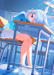 Rule 34 | 1girl, absurdres, arona (blue archive), bare legs, blue archive, blue eyes, blue hair, blue pupils, blue shirt, bow hairband, chair, closed mouth, commentary request, desk, dutch angle, full body, hair ribbon, hairband, halo, heart, heart halo, highres, humeiyo, light blue hair, long sleeves, midriff, miniskirt, multicolored hair, navel, on chair, one eye closed, pink hair, pink halo, pleated skirt, ribbon, school chair, school desk, shirt, shoes, sitting, skirt, smile, sneakers, solo, swept bangs, two-tone hair, white footwear, white hairband, white ribbon, white skirt