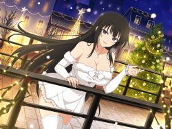 Rule 34 | 1girl, black eyes, black hair, breasts, christmas, christmas lights, christmas ornaments, christmas tree, city, cleavage, detached sleeves, dress, flower-shaped pupils, jewelry, kagura (senran kagura), large breasts, looking at viewer, necklace, night, night sky, official art, senran kagura, senran kagura new link, sky, snow, snowing, symbol-shaped pupils, thighhighs, white dress