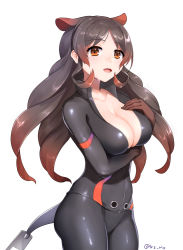 Rule 34 | 10s, 1girl, :d, animal ears, black pants, black shirt, blush, breast suppress, breasts, brown hair, cleavage, collarbone, from side, gradient hair, head tilt, hippopotamus (kemono friends), hippopotamus ears, kemono friends, kz ripo, large breasts, long hair, looking away, multicolored hair, open clothes, open mouth, open shirt, pants, shirt, simple background, smile, solo, twitter username, wet, wet hair, white background