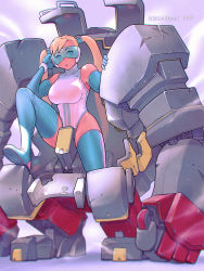 Rule 34 | 1girl, 1other, adapted costume, blonde hair, blue-tinted eyewear, blue eyes, blue footwear, boots, breasts, capcom, cockpit, commentary, crossover, english commentary, full body, goggles, hair tubes, headset, highres, large breasts, leotard, long hair, mecha, mechanization, open cockpit, parody, pilot suit, quasimodox, rainbow mika, robot, solo, street fighter, tengen toppa gurren lagann, thigh boots, thighhighs, tinted eyewear, twintails, white leotard, zangief
