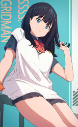 Rule 34 | 1girl, black hair, black shirt, black skirt, blue background, blue eyes, collared shirt, commentary request, copyright name, expressionless, gridman universe, hajikkoneko, hand in own hair, highres, looking at viewer, open mouth, pleated skirt, school uniform, shirt, short sleeves, skirt, solo, ssss.gridman, sweater vest, takarada rikka, thighs, white sweater vest