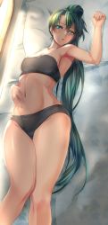 Rule 34 | 1girl, armpits, bad id, bad pixiv id, bandeau, bed, black panties, blush, breasts, cleavage, fire emblem, fire emblem: the blazing blade, green eyes, green hair, hair between eyes, hand on own stomach, long hair, lying, lyn (fire emblem), matching hair/eyes, navel, nintendo, on back, panties, parted lips, pillow, ponytail, sajittari, solo, strapless, thighs, tube top, underwear, underwear only, very long hair