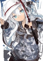 Rule 34 | 1girl, absurdres, black pantyhose, black skirt, blue eyes, camouflage, camouflage jacket, closed mouth, fishing rod, hair between eyes, hammer and sickle, hat, hibiki (kancolle), highres, holding, holding fishing rod, jacket, kaamin (mariarose753), kantai collection, long hair, long sleeves, pantyhose, pleated skirt, skirt, solo, verniy (kancolle), white hair, white hat