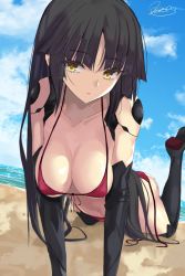 Rule 34 | 1girl, android, arm support, ass, beach, bikini, black hair, black thighhighs, blue sky, boots, breasts, cleavage, cloud, collarbone, commentary request, covered erect nipples, day, doll joints, fate/grand order, fate (series), front-tie bikini top, front-tie top, highres, joints, katou danzou (fate), kesoshirou, long hair, looking at viewer, outdoors, parted lips, ponytail, purple bikini, revision, side-tie bikini bottom, sky, solo, swimsuit, thigh boots, thighhighs, untied bikini, untied bikini bottom, very long hair, yellow eyes
