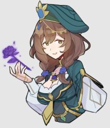 Rule 34 | 1girl, braid, breasts, brown hair, cleavage, commentary, cropped torso, do m kaeru, dress, flower, genshin impact, green dress, green eyes, green hat, grey background, hair flower, hair ornament, hat, jewelry, lisa (a sobriquet under shade) (genshin impact), lisa (genshin impact), long hair, looking at viewer, medium breasts, official alternate costume, purple flower, purple rose, rose, simple background, smile, solo, twin braids, white sleeves
