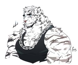 Rule 34 | 1boy, animal ears, arknights, bara, black tank top, chain, chain necklace, cropped torso, fang, furry, furry male, jewelry, large pectorals, looking at viewer, male focus, mountain (arknights), muscular, muscular male, necklace, pectoral cleavage, pectorals, ppyong, scar, scar across eye, scar on arm, scar on chest, scar on face, short hair, sidepec, solo, tank top, tiger boy, tiger ears, white fur, white hair