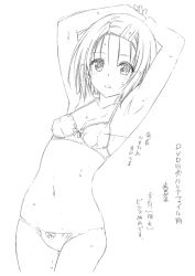 Rule 34 | 10s, 1girl, armpits, bare shoulders, bra, breasts, cleavage, covered erect nipples, female focus, looking at viewer, monochrome, nipples, official art, open mouth, panties, sairenji haruna, short hair, small breasts, solo, sweat, text focus, to love-ru, to love-ru darkness, underwear, water, wet, white background, yabuki kentarou