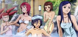 Rule 34 | 00s, 5girls, :d, bath, blue hair, blush, breasts, character request, cleavage, closed eyes, green eyes, long hair, medium breasts, multiple girls, my-otome, naked towel, natsuki kruger, naughty face, official art, onsen, open mouth, partially submerged, short hair, smile, submerged, tagme, towel, upper body, water