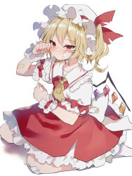 Rule 34 | 1girl, arm up, ascot, back bow, bandaid, bandaid on arm, bandaid on face, blonde hair, blush, bow, closed mouth, crossed bandaids, crying, flandre scarlet, frilled shirt collar, frilled skirt, frilled sleeves, frills, hair between eyes, hand on own face, hands up, hat, hat ribbon, highres, large bow, looking at viewer, mob cap, multicolored wings, one side up, red ribbon, ribbon, seiza, short hair, simple background, sitting, skirt, sleeve ribbon, solo, sorani (kaeru0768), tears, touhou, white background, white bow, white hat, wings, wrist cuffs, yellow ascot