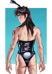 Rule 34 | 1boy, alternate costume, animal ears, arm tattoo, ass, back, black eyes, black hair, black leotard, blue background, blush, chinese commentary, closed mouth, commentary request, cowboy shot, facial scar, fake animal ears, fake tail, from behind, frown, highres, itou kaiji, kaiji, leotard, long hair, looking at viewer, looking back, male focus, male playboy bunny, medium bangs, number tattoo, playboy bunny, rabbit ears, rabbit tail, scar, scar on cheek, scar on face, simple background, solo, strapless, strapless leotard, tail, tattoo, two-tone background, white background, zhaiju2