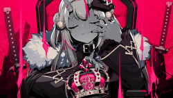 Rule 34 | 1girl, barbed wire, black collar, black nails, chair, closed eyes, coat, collar, crown, facing viewer, finger to mouth, fingernails, fur-trimmed coat, fur trim, highres, holding, holding crown, hololive, horns, katana, king (vocaloid), mask, nail polish, nakiri ayame, nakiri ayame (1st costume), official art, oni mask, oshiruko (oshiruco 212048), pink background, pink theme, skin-covered horns, smile, solo, straight-on, sword, throne, unworn crown, virtual youtuber, vocaloid, weapon