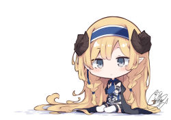 Rule 34 | 1girl, absurdly long hair, arknights, beni shake, between legs, black cape, black gloves, black skirt, blonde hair, blue hairband, cape, chibi, closed mouth, commentary request, elbow gloves, gloves, grey eyes, hairband, hand between legs, horns, long hair, no shoes, pleated skirt, pointy ears, saileach (arknights), signature, sitting, skirt, smile, solo, thighhighs, very long hair, white background, white thighhighs