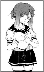 Rule 34 | closed mouth, commentary request, dodomori, greyscale, hair ornament, hairclip, hat, highres, holding, holding clothes, holding hat, kantai collection, monochrome, pleated skirt, puffy short sleeves, puffy sleeves, ribbon, sailor collar, school uniform, serafuku, short hair, short sleeves, sidelocks, skirt, thighhighs, tsushima (kancolle), unworn hat, unworn headwear