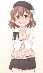 Rule 34 | black hat, black skirt, blouse, blush, bobbles, bow, brown eyes, brown hair, commentary request, cowboy shot, ear blush, hair between eyes, hat, idolmaster, idolmaster cinderella girls, jewelry, kita hinako, long sleeves, looking at viewer, miniskirt, necklace, nose blush, open mouth, own hands clasped, own hands together, pendant, plaid, plaid shirt, shirt, short hair, simple background, skirt, smile, solo, uccow, white background, white shirt