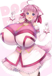 Rule 34 | 1girl, ahoge, akikaze tsumuji, alternate breast size, animal ears, breasts, commentary request, dog days, dog ears, dog girl, dog tail, english text, gigantic breasts, gloves, hair ribbon, impossible clothes, juliet sleeves, long sleeves, looking at viewer, millhiore f. biscotti, open mouth, pink hair, pink tail, puffy sleeves, purple eyes, ribbon, short hair, skirt, smile, solo, tail