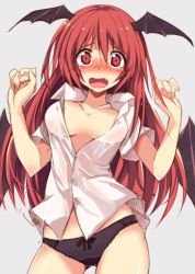 Rule 34 | 1girl, bad anatomy, bad hands, black panties, black wings, blush, bow, bow panties, breasts, collaboration, contrapposto, covered erect nipples, cowboy shot, dress shirt, embarrassed, fang, head wings, koakuma, long hair, maturiuta sorato, nirap, no bra, no pants, nose blush, open clothes, open mouth, open shirt, panties, poorly drawn, red eyes, red hair, shirt, simple background, sketch, solo, standing, tears, touhou, underwear, wings