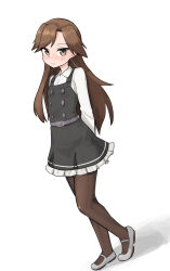 Rule 34 | 1girl, absurdres, arashio (kancolle), arms behind back, black pantyhose, brown eyes, brown hair, collared shirt, dress, dress shirt, flat chest, frilled dress, frills, full body, highres, kantai collection, long hair, long sleeves, looking at viewer, maru (marg0613), pantyhose, pinafore dress, shirt, simple background, sleeveless dress, solo, standing, white background, white shirt