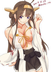 Rule 34 | 1girl, ahoge, areola slip, arm up, breasts, brown hair, cleavage, collarbone, commentary request, cowboy shot, dated, detached sleeves, double bun, frilled skirt, frills, grin, hair bun, hairband, hand up, headgear, japanese clothes, kantai collection, kongou (kancolle), kongou kai ni (kancolle), large breasts, long hair, looking at viewer, moke ro, nontraditional miko, pleated skirt, purple eyes, ribbon-trimmed sleeves, ribbon trim, simple background, skirt, smile, solo, twitter username, white background