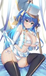 Rule 34 | 1girl, band uniform, black thighhighs, blue eyes, blue hair, blue skirt, bra, breasts, cleavage, closed mouth, clothes lift, commentary request, covered erect nipples, crop top, flag, gakkou de seishun!, garter straps, hair ribbon, hat, highres, holding, holding flag, kanzaki ayane, large breasts, long hair, looking at viewer, marching band, navel, panties, pleated skirt, ribbon, sanshoku amido, shako cap, shirt, side-tie panties, sitting, skirt, skirt lift, smile, solo, thighhighs, two-tone skirt, underboob, underwear, white bra, white hat, white panties, white shirt, white skirt