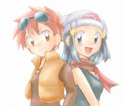 Rule 34 | 2girls, beanie, blue eyes, blue hair, creatures (company), dawn (pokemon), game freak, hair ornament, hairclip, hat, jewelry, multiple girls, necklace, nintendo, orange eyes, orange hair, pokemon, pokemon (anime), pokemon dppt (anime), red eyes, scarf, simple background, smile, sunglasses, vest, white background, zoey (pokemon)