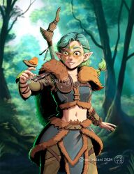 1girl arm_guards armor bird bodypaint braid cropped_torso druid dungeons_&amp;_dragons elf facepaint forest fur_trim green_hair highres leather_armor long_hair nature navel original pointy_ears ponytail senseidani smile solo wooden_staff