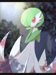 Rule 34 | 1girl, blurry, blurry background, bob cut, colored skin, creatures (company), female focus, flat chest, game freak, gardevoir, gen 3 pokemon, green hair, green skin, hair over one eye, hands up, highres, letterboxed, looking at viewer, multicolored skin, nintendo, open mouth, outdoors, own hands together, pokemon, pokemon (creature), red eyes, ronen, short hair, solo, standing, tree, two-tone skin, white skin