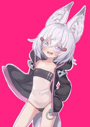 Rule 34 | 1girl, :3, animal ear fluff, animal ears, black jacket, fox ears, fox girl, fox tail, gris swimsuit, hair ornament, hairclip, hands in pockets, highres, jacket, kiirokuma, looking at viewer, meme attire, navel, one-piece swimsuit, open mouth, phase connect, pink eyes, pink hair, purple background, see-through, short hair, simple background, smile, solo, swimsuit, swimsuit under clothes, tail, tenma maemi, thighs, virtual youtuber