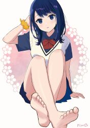 Rule 34 | 1girl, arm at side, artist name, bare legs, barefoot, black hair, blue eyes, blue shirt, blush, bow, bowtie, cherry blossom print, collared shirt, commentary, convenient leg, crossed legs, eyelashes, feet, floral print, gridman universe, gridman universe (film), hand up, head tilt, highres, long hair, looking at viewer, parted lips, pink background, piyo (kinkooo333), red bow, red bowtie, revision, school uniform, scrunchie, shirt, short sleeves, simple background, soles, solo, ssss.gridman, sweater vest, swept bangs, takarada rikka, toes, two-tone background, white background, white sweater vest, wrist scrunchie, yellow scrunchie