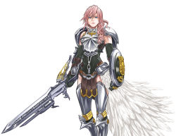 Rule 34 | 10s, 1girl, armor, boots, breastplate, elbow gloves, feathers, final fantasy, final fantasy xiii, final fantasy xiii-2, gloves, gunblade, lightning farron, long hair, pink hair, pteruges, shield, solo, sword, thighhighs, weapon