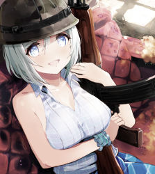 Rule 34 | .live, 1girl, :d, ak-47, assault rifle, bare arms, bare shoulders, blue eyes, blue skirt, breasts, collarbone, commentary request, couch, gun, hair between eyes, helmet, holding, holding gun, holding weapon, kalashnikov rifle, large breasts, long hair, looking at viewer, open mouth, rifle, shirt, short hair, silver hair, dennou shoujo siro, sitting, skirt, sleeveless, sleeveless shirt, smile, solo, tetsujin momoko, virtual youtuber, weapon, white shirt