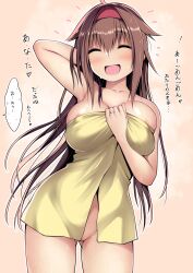 Rule 34 | 1girl, :d, absurdres, ahoge, areola slip, blush, breasts, brown hair, closed eyes, collarbone, cowboy shot, gluteal fold, groin, hair between eyes, hair flaps, hairband, highres, jewelry, kantai collection, kuromayu, large breasts, long hair, naked towel, open mouth, red hairband, ring, shiratsuyu (kancolle), shiratsuyu kai ni (kancolle), smile, solo, towel, wedding ring