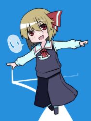Rule 34 | 1girl, arms at sides, ascot, black skirt, black vest, blonde hair, blue background, blush, commentary request, hair between eyes, highres, manekinekoppoi inu, open mouth, red ascot, red eyes, red ribbon, ribbon, rumia, shirt, simple background, skirt, solo, touhou, translation request, vest, white shirt