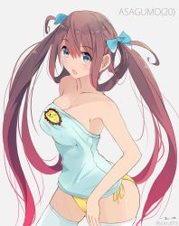 Rule 34 | 10s, 1girl, 2015, :o, alternate breast size, asagumo (kancolle), bare arms, bare shoulders, breasts, brown hair, character name, collarbone, covered erect nipples, dated, female focus, grey eyes, hair ribbon, hair rings, highres, kantai collection, large breasts, legs, lion, lion print, long hair, looking at viewer, neck, aged up, open mouth, panties, ribbon, side-tie panties, signature, simple background, solo, strapless, tebi (tbd11), thighhighs, twintails, underwear, very long hair, white thighhighs, yellow panties