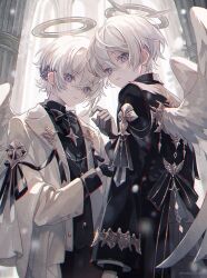 Rule 34 | 2boys, angel, angel wings, black shirt, dual persona, feathered wings, feathers, gloves, hair between eyes, halo, highres, holding hands, jacket, long sleeves, looking at viewer, male focus, mini wings, multiple boys, namiki itsuki, original, shirt, smile, white wings, wings