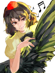 1girl absurdres bird_wings black_bow black_bowtie black_wings bow bowtie closed_mouth collared_shirt feathered_wings hat highres looking_at_viewer medium_hair musical_note pointy_ears puffy_short_sleeves puffy_sleeves red_eyes red_hat sazakami_kamo shameimaru_aya shirt short_sleeves simple_background smile solo tokin_hat touhou upper_body white_background white_shirt wings