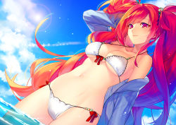 Rule 34 | 1girl, absurdres, bikini, blue sky, breasts, cloud, day, dejiaaru, dutch angle, gradient hair, hair ornament, highres, long hair, looking at viewer, medium breasts, multicolored hair, open clothes, open shirt, original, red eyes, red hair, shirt, side-tie bikini bottom, sky, smile, solo, standing, swimsuit, twintails, two side up, underboob, undressing, very long hair